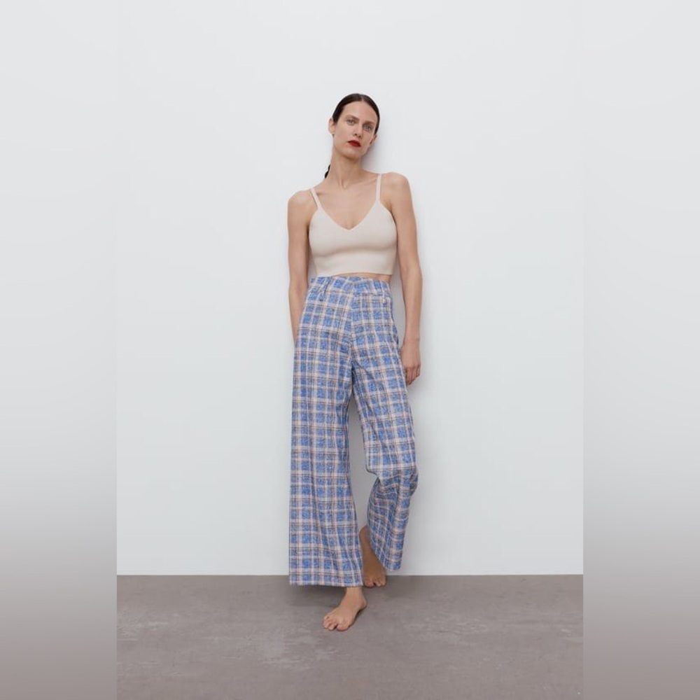 Zara Wide Leg Plaid High Rise Crop Knit Pants Pockets Cotton Blend S Blue